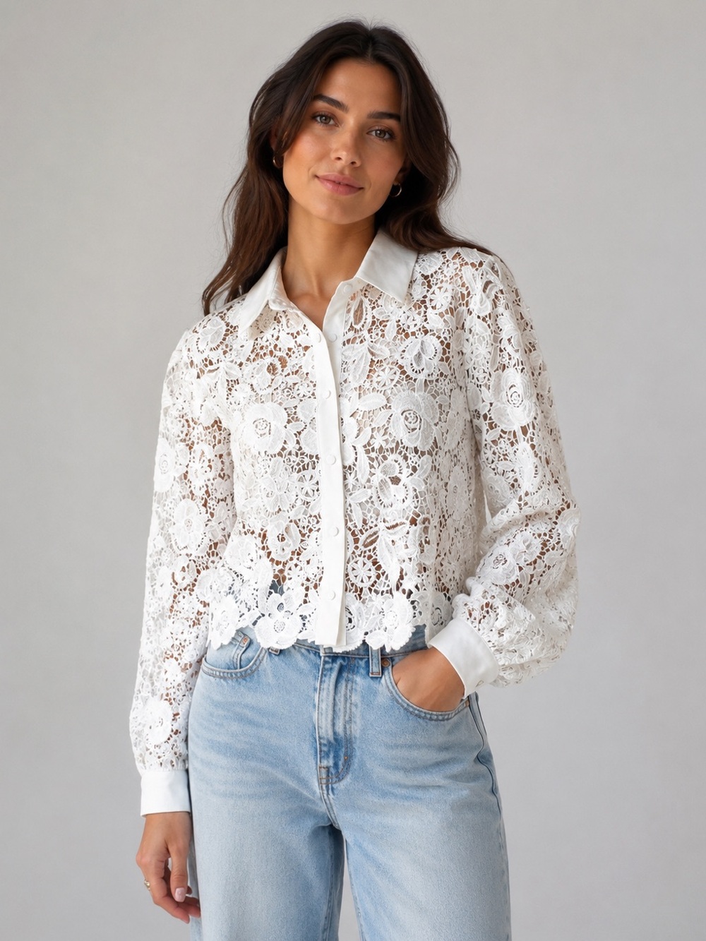 D.ark NEW Simone Lace White Cropped Button Down Shirt Bridal Bachelorette Size M